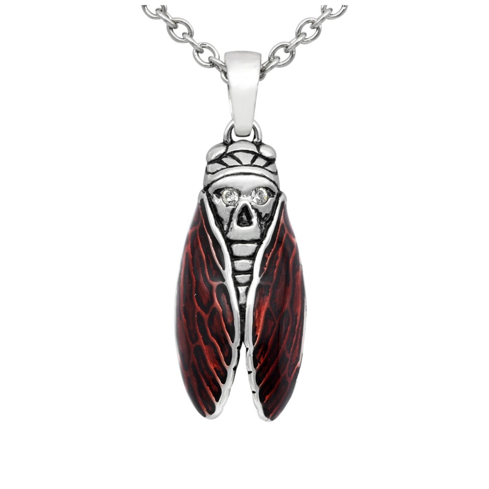 Skull Cicada Necklace with Red Wings -NWT- Stainless Steel With Austrian Crystal - Picture 2 of 6
